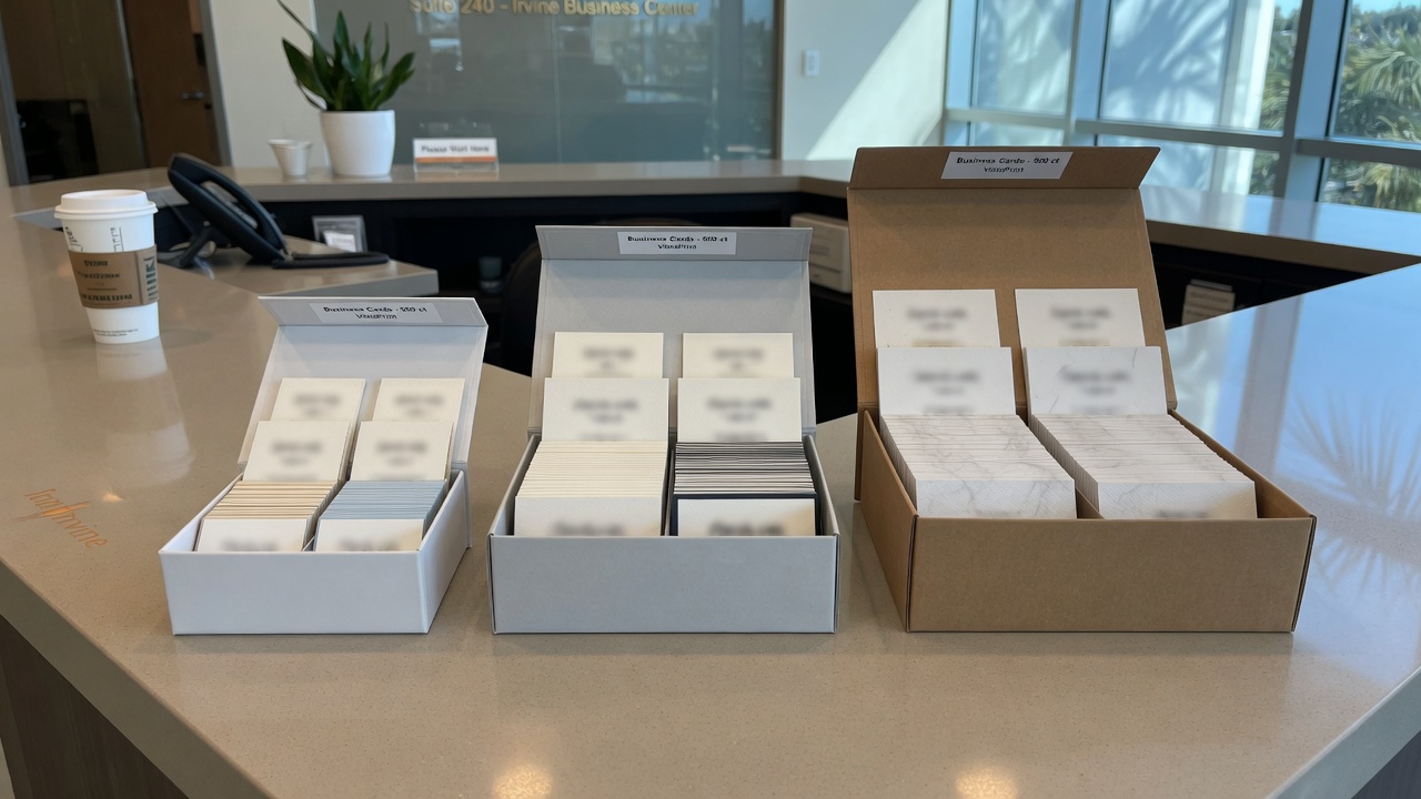 Boxes of business cards in 250, 500, and 1000 quantities