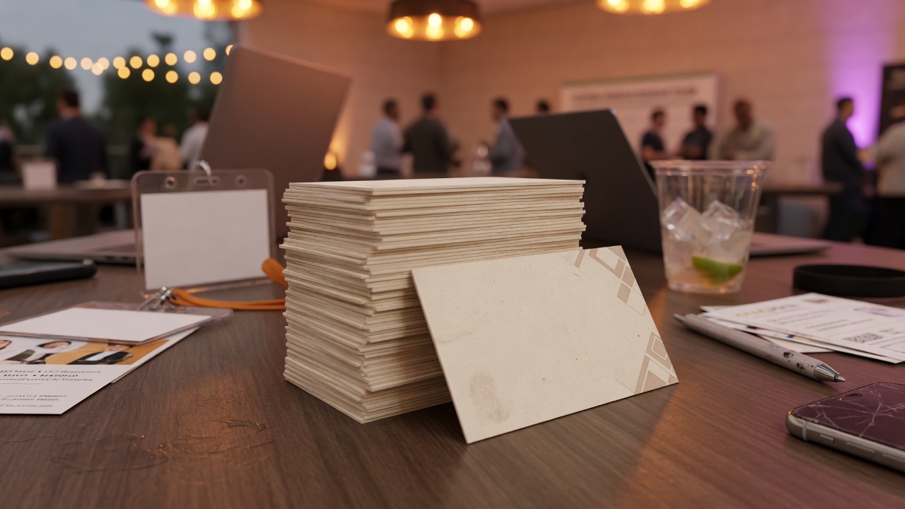 Stack of thick uncoated business cards at an Irvine networking table