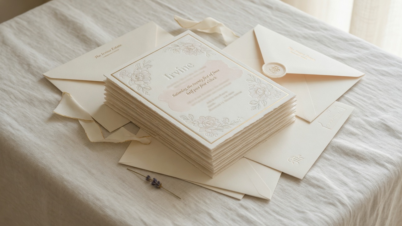 Cream invitations and matching envelopes for an Irvine event
