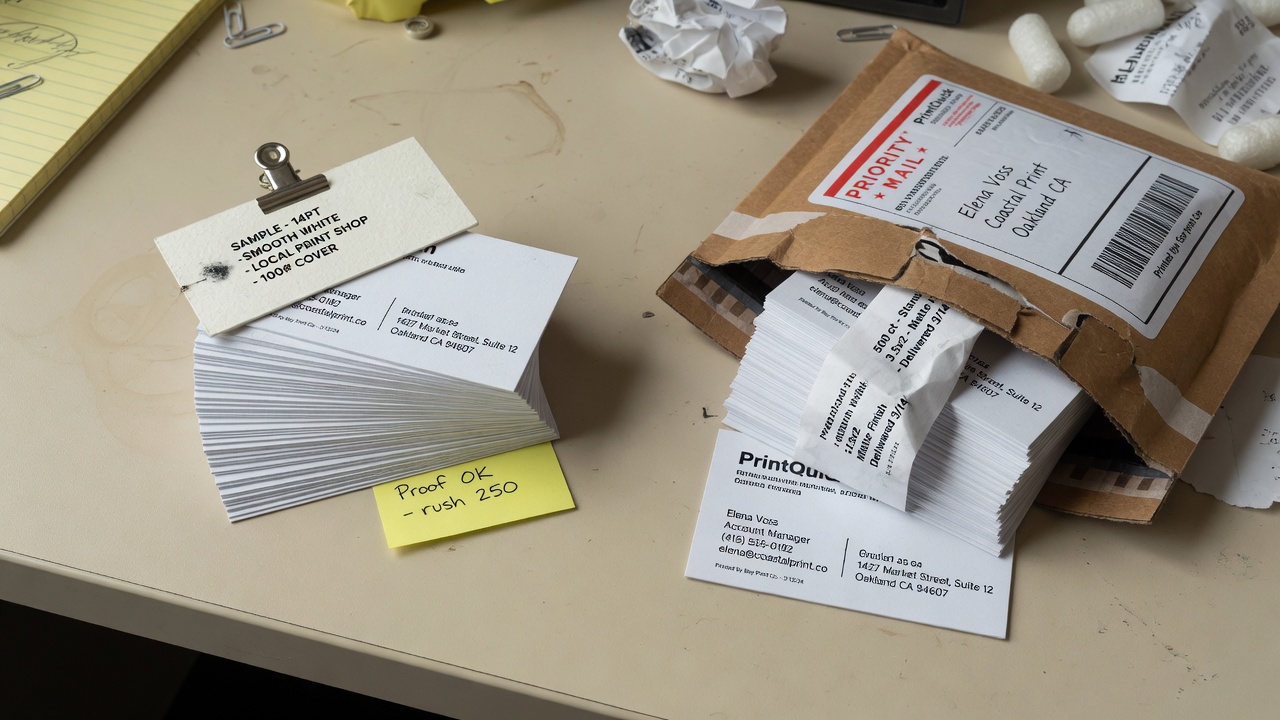 Local print-shop cards compared with an online mailer of cards
