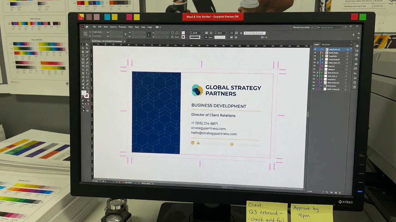 Print-ready card file on a prepress monitor